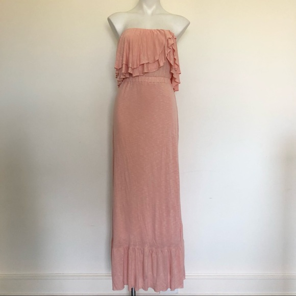 🌼 T-Bags Los Angeles Strapless Ruffle Top Maxi Dress in Peach, S - Picture 4 of 7